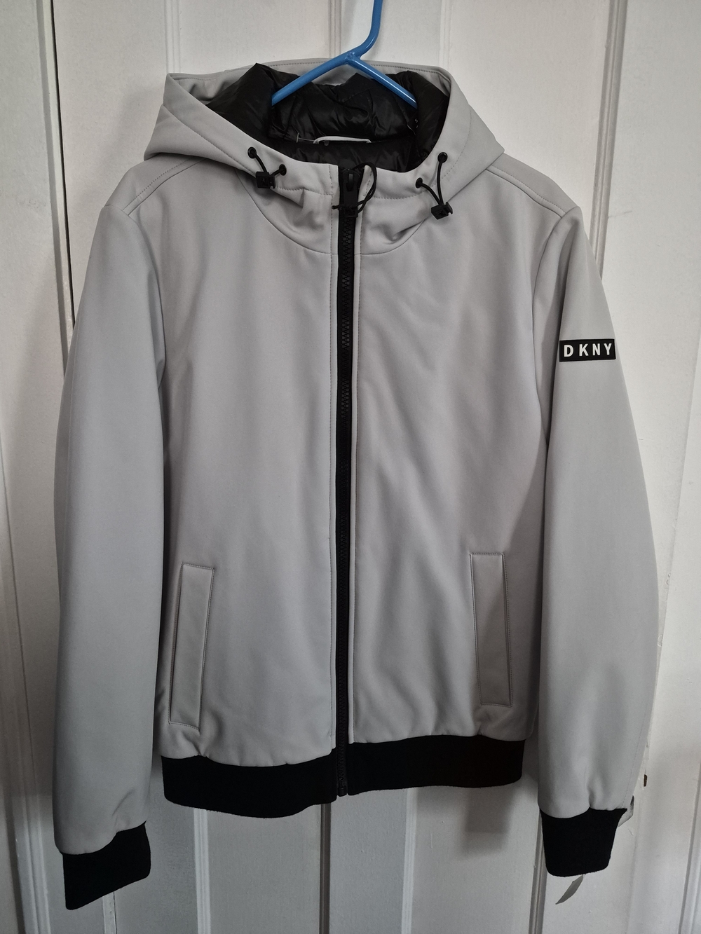 DKNY Light Gray Hooded Ski Jacket with Black Trim